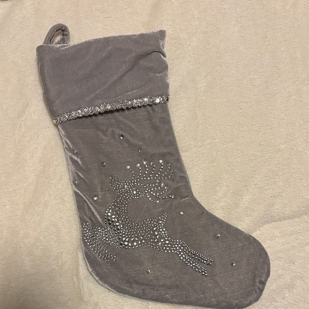 Gray Velvet Christmas Stocking with Rhinestone Reindeer
